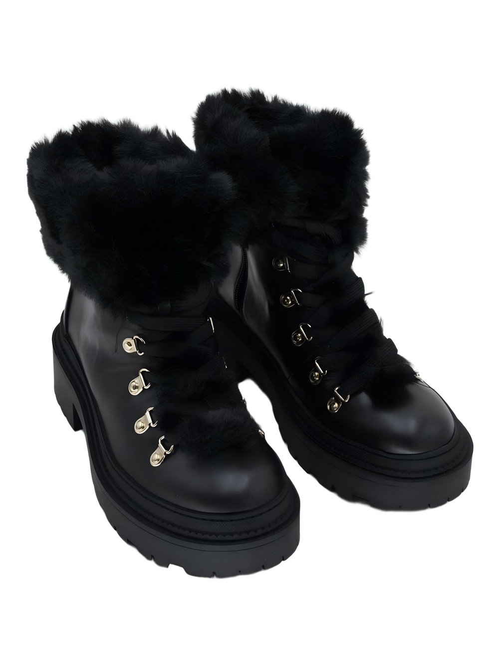 On 34th Steffii Round-Toe Lug Lace-up Faux Fur Collar Boot Black Size 10M